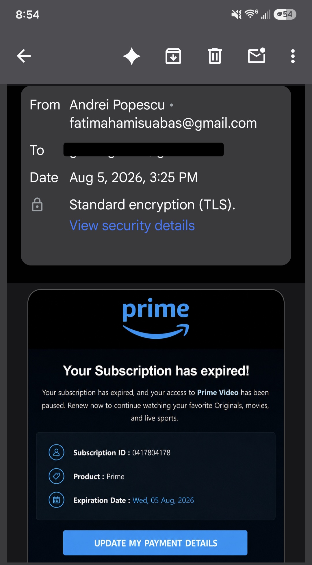 Screenshot of a scam email pretending to be from Amazon Prime, claiming a subscription has expired and asking the reader to update payment details